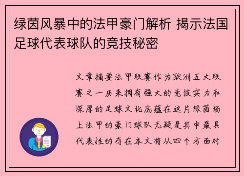 绿茵风暴中的法甲豪门解析 揭示法国足球代表球队的竞技秘密