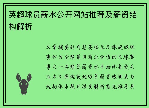 英超球员薪水公开网站推荐及薪资结构解析